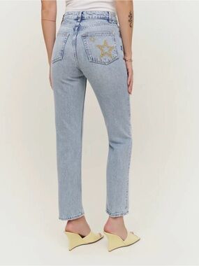 Reformation Cynthia High Rise Light Blue with Gold Star Embroidery Jeans Sz 27